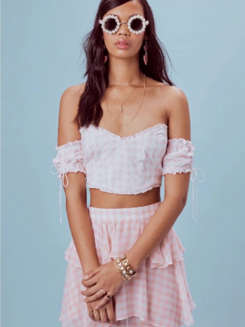 For Love and Lemons Dixie Pink and white Gingham plaid Off-Shoulder Crop Top